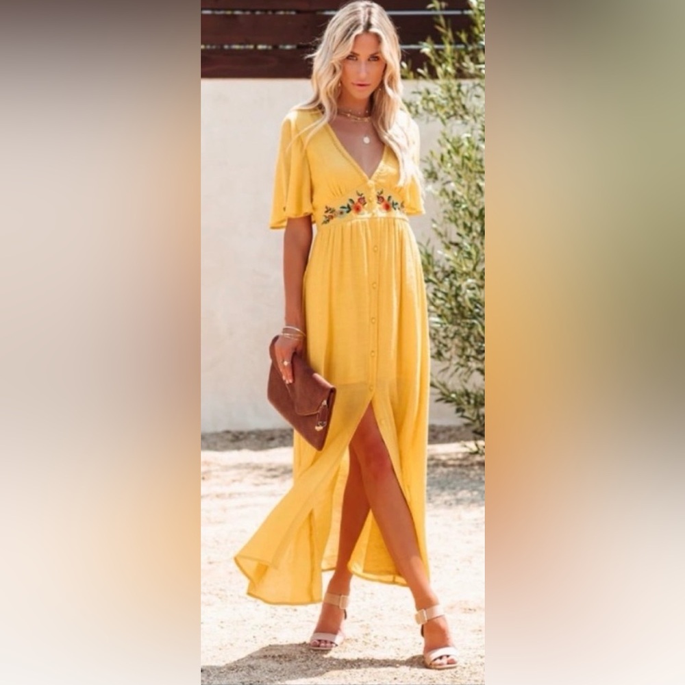 Vici Yellow Maxi Dress with Floral Embroidery